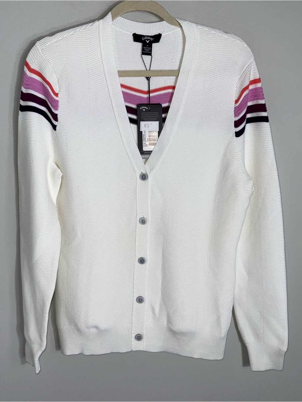 Callaway Women's Weather Series Button Front Cardigan-White Stripes-Medium-NWT
